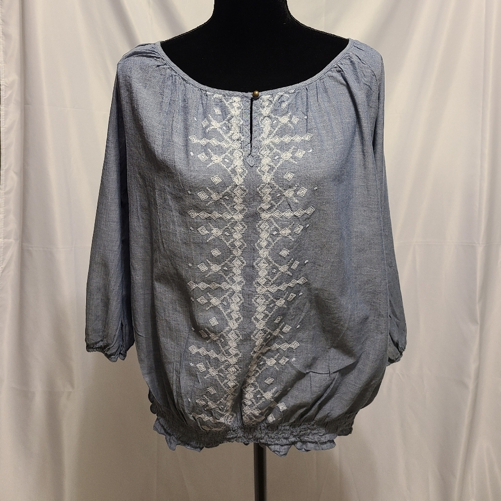 Lord & Taylor Blue Blouse with White Embroidery